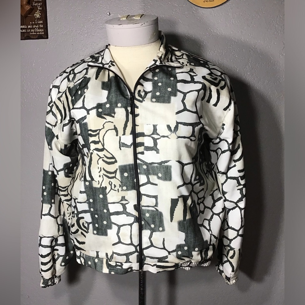 DANA LEE Vintage 90s Crop Jacket SatinBlack And White Print Retro Full Zip Sz S